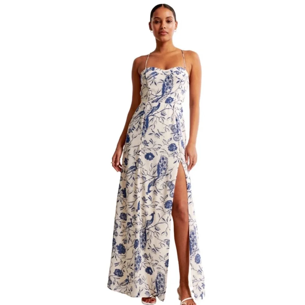 Abercrombie & Fitch Blue White Peacock Toile Maxi Dress XL Lace Up Back Slit